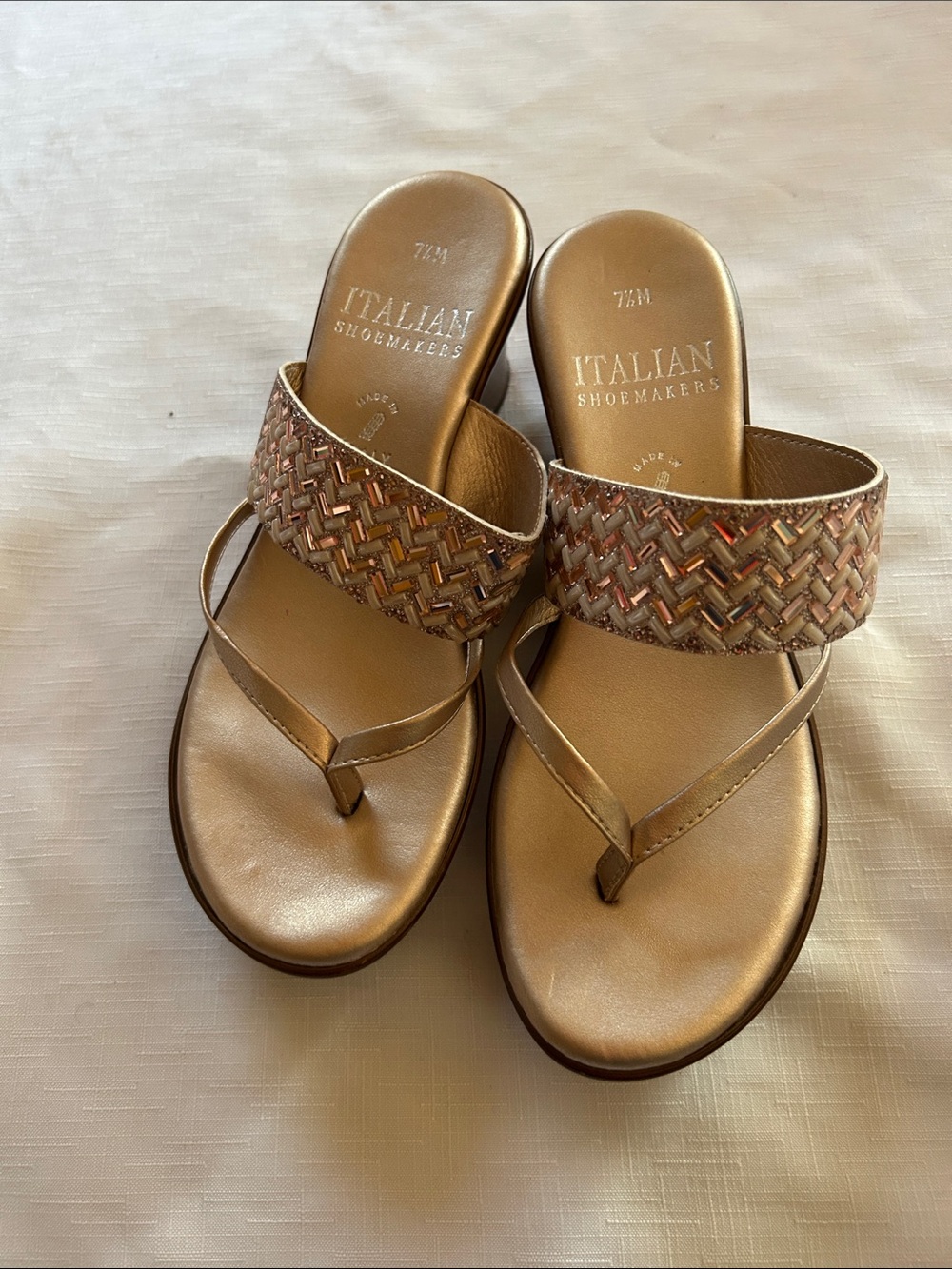 Italian Shoemakers Metallic Gold Braided-Trim Thong Sandals